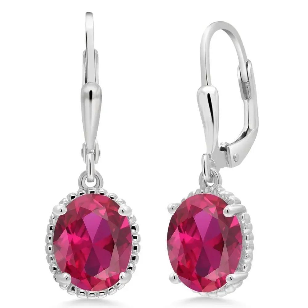 925 Sterling Silver with 4.00 Cttw Ruby Oval Leverback Hook Earrings